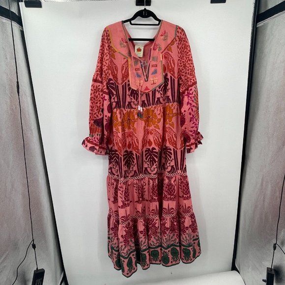 Farm Rio Womens Dress XL Ainika Print Macaws Maxi Dress Puff Sleeve Tassel Tie - Picture 4 of 16